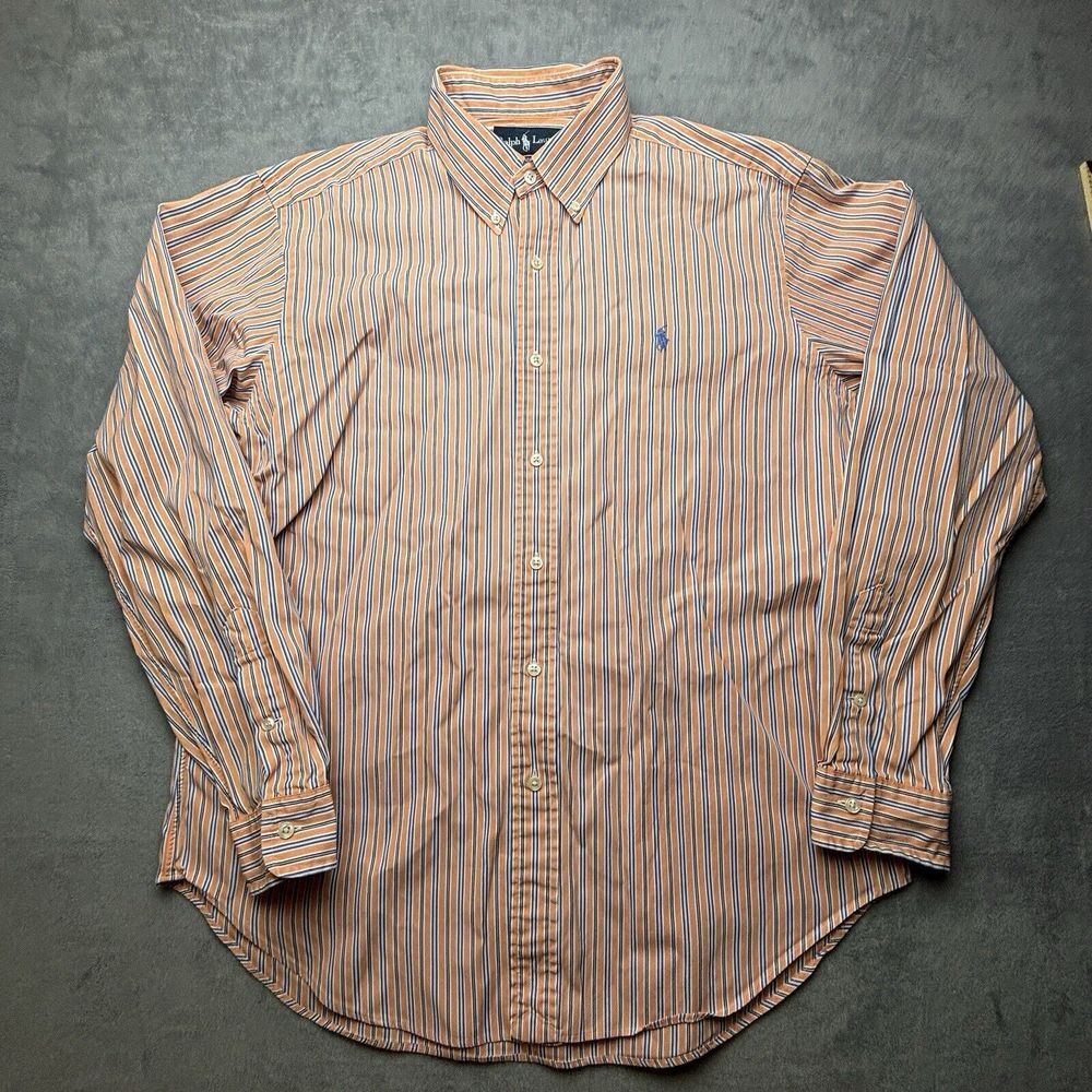 Ralph Lauren‎ Shirt Mens Large Long Sleeve Classic Fit Orange Blue Stripe